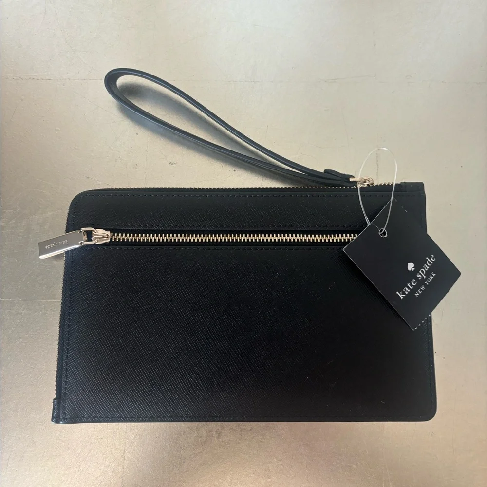 kate spade black leather wristlet with gold logo